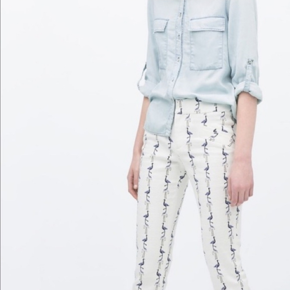 Zara Flamingo Print Trousers White Pants